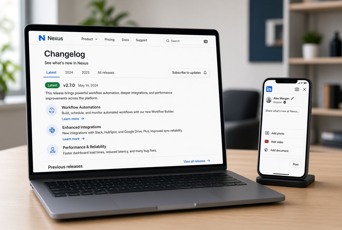 Laptop changelog page and a LinkedIn compose screen.