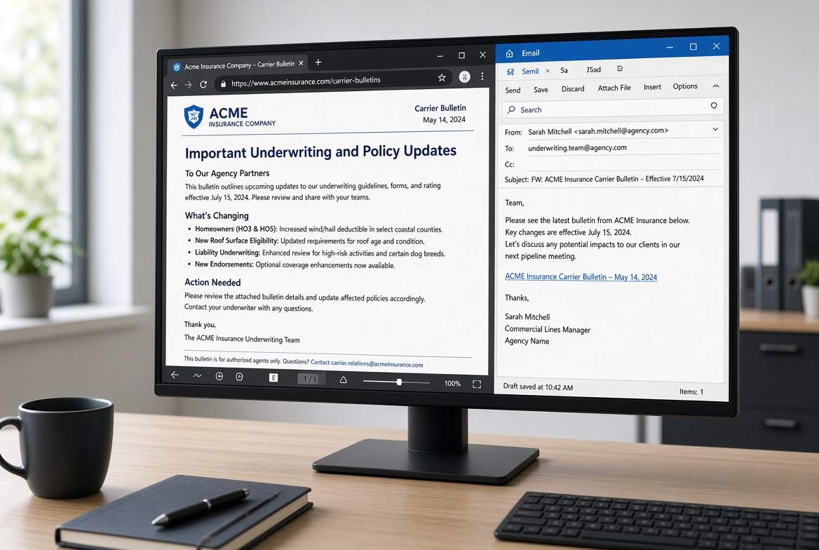 Monitor with a bulletin webpage and an email draft. Digital bulletin, not a stamped printout.