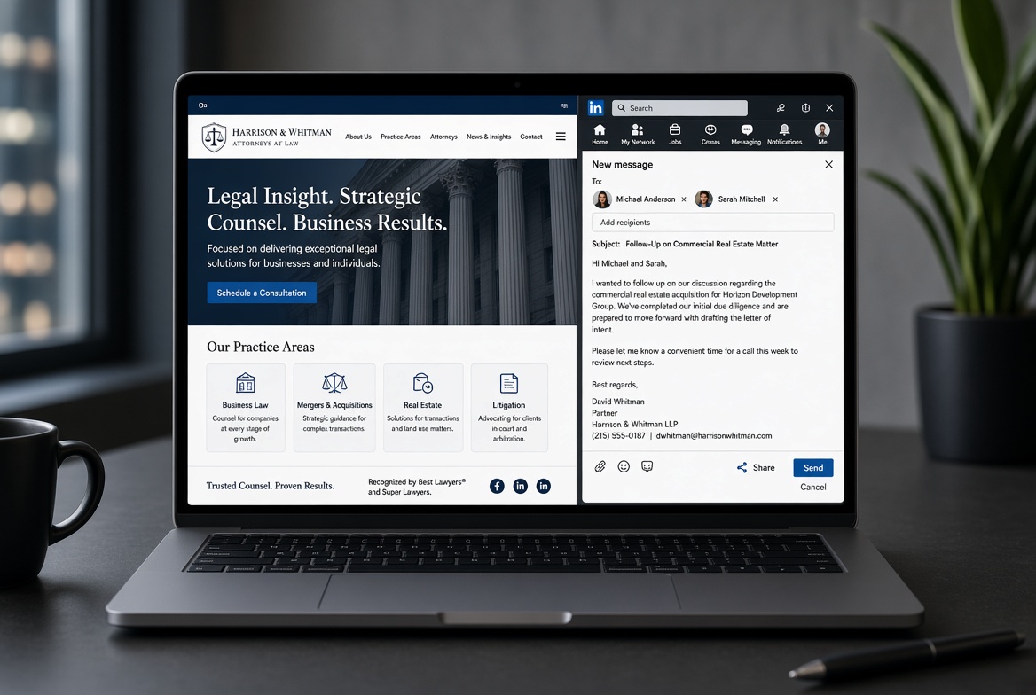 Laptop with a practice-area site and a LinkedIn compose window.