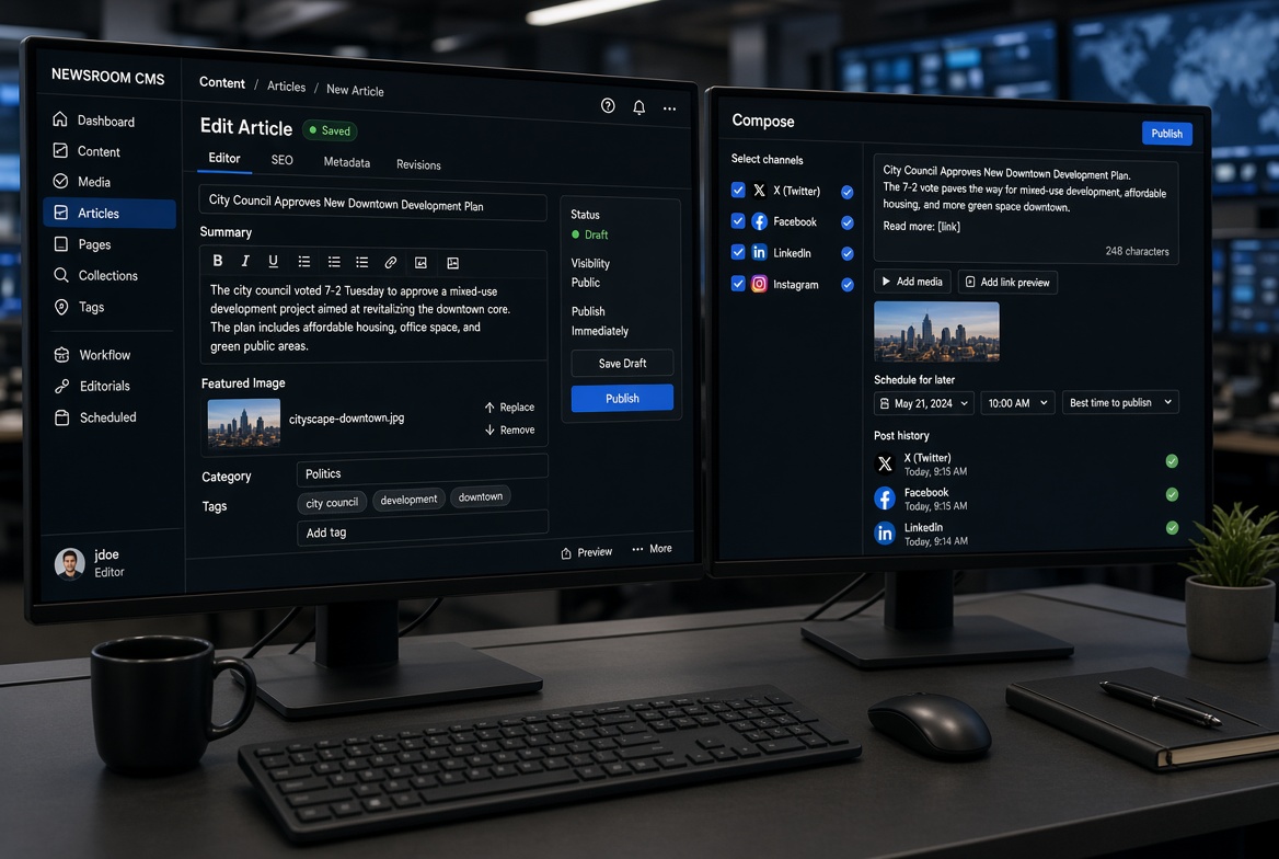 Dual monitors: article editor and social compose. Digital CMS.