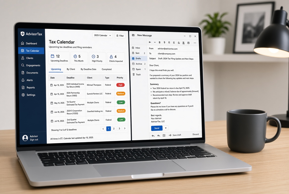 Laptop showing a tax-calendar app and a client email draft.