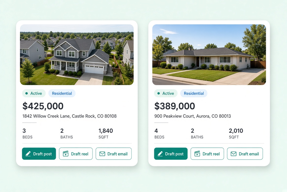 Example listings with Draft post, reel, and email